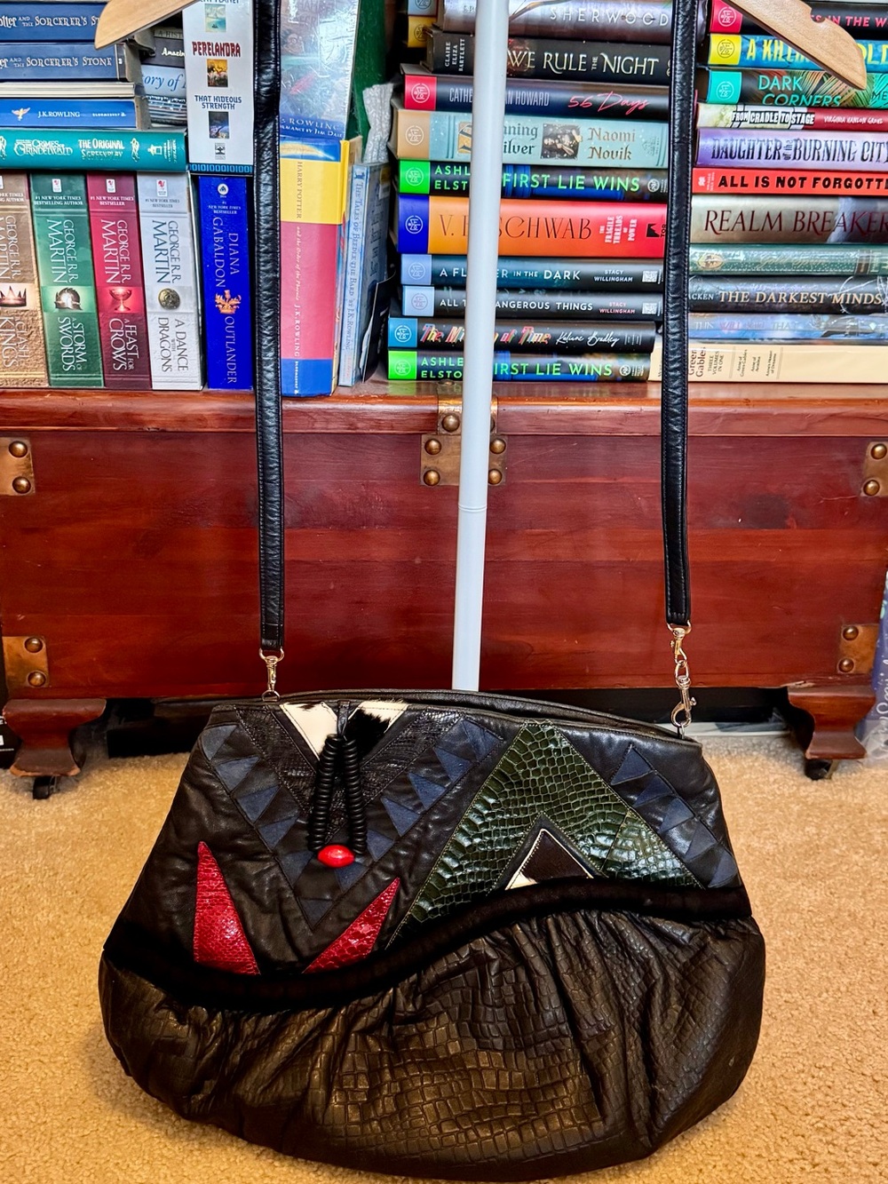 1980’s Black Mixed-Texture Shoulder Bag with Red and Green Accents